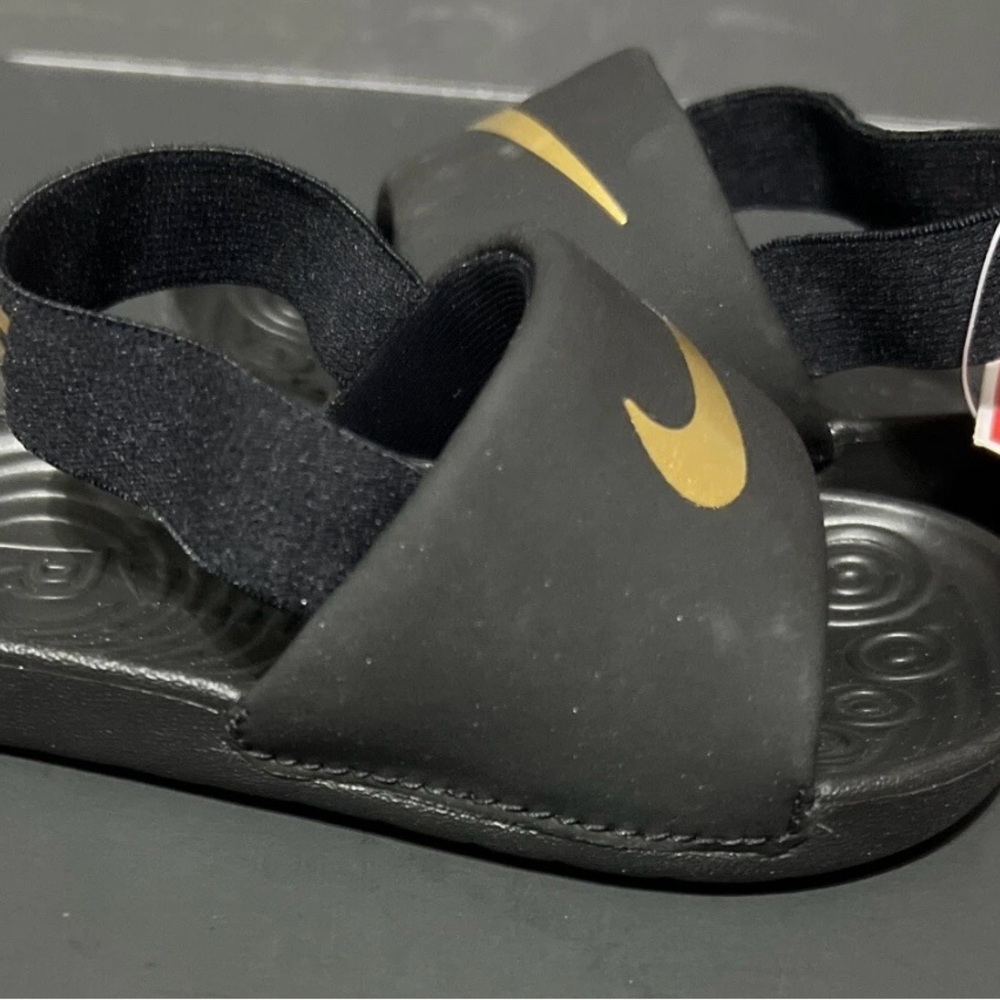 Baby NIKE Slides Size 7c Black and Gold Sandals with Elastic Back Strap